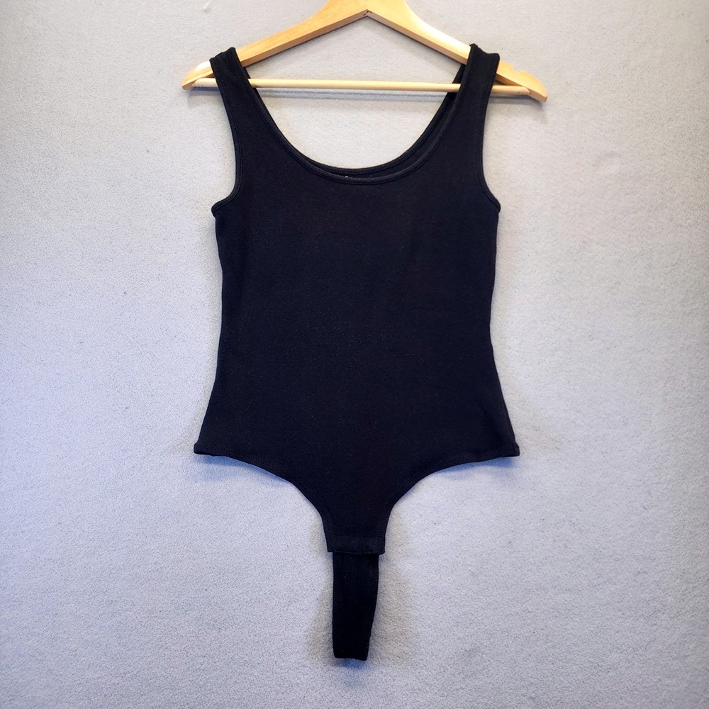 Madewell Black Scoop Neck Bodysuit Small Thong Back Ribbed Knit Snap Closure Top